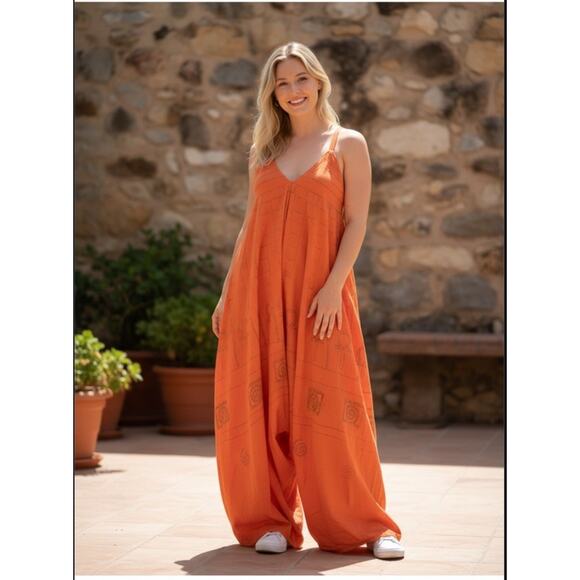 L’ Antonio Orange Aztec Art To Wear Baggy Oversized Harem Jumpsuit Size Medium - Picture 1 of 11